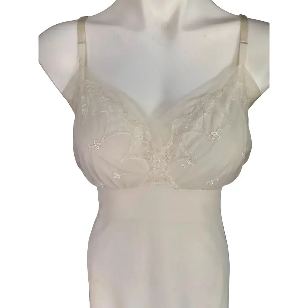 Van Raalte Vintage Ivory Nylon Slip Dress Embroidered Lace Ruffle Hem 60’s Sz 36